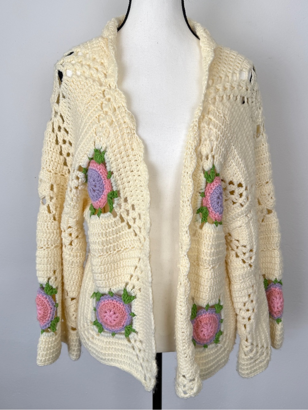 Maeve Anthropologie One Size Ivory Floral Open Front Crochet Cardigan Sweater
